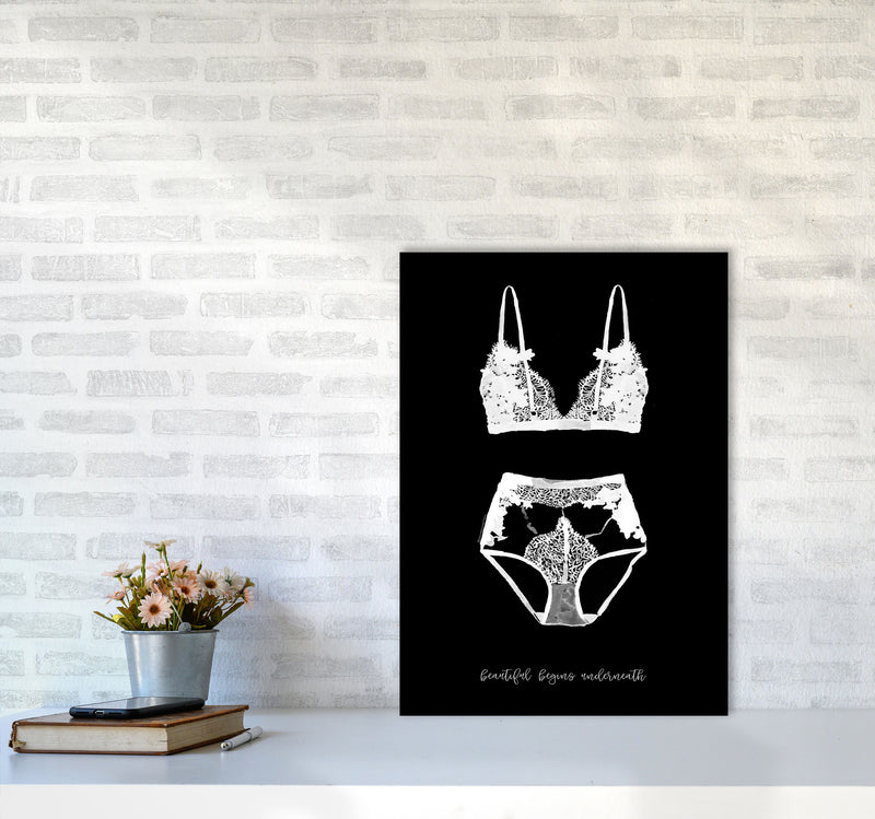 Beauty Begins Underneath Lingerie Black Modern Fashion Print A2 Black Frame