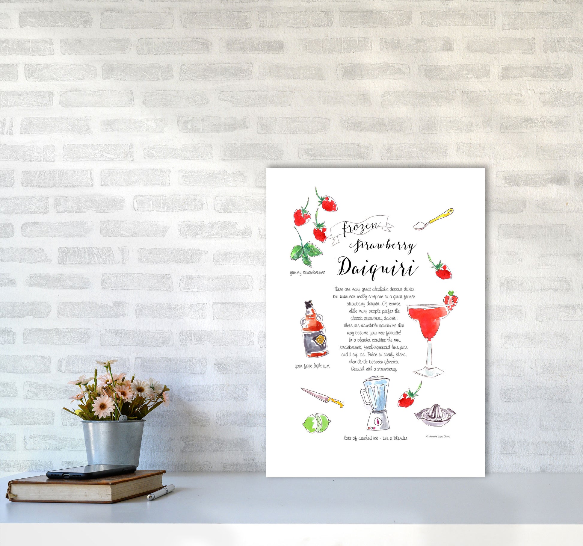 Strawberry Daiquiri Cocktail Recipe, Kitchen Food & Drink Art Prints A2 Black Frame