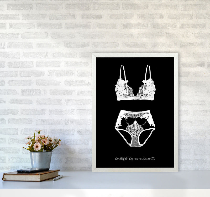 Beauty Begins Underneath Lingerie Black Modern Fashion Print A2 Oak Frame