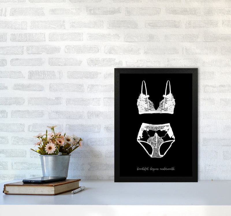 Beauty Begins Underneath Lingerie Black Modern Fashion Print A3 White Frame