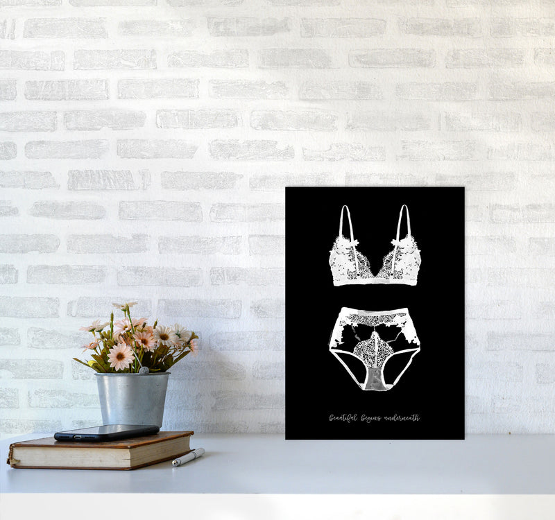 Beauty Begins Underneath Lingerie Black Modern Fashion Print A3 Black Frame