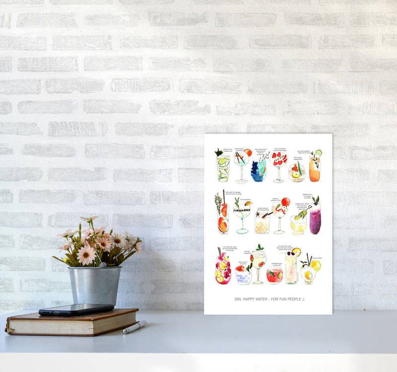 Gin: Happy Water - For Fun People, Kitchen Food & Drink Art Prints A3 Black Frame