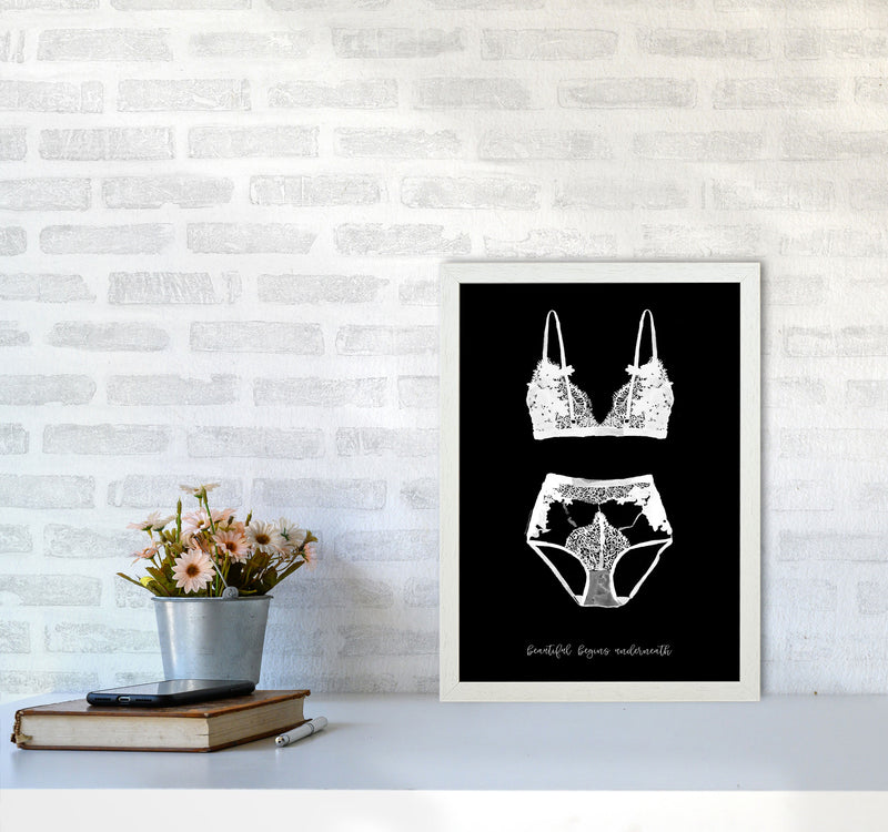 Beauty Begins Underneath Lingerie Black Modern Fashion Print A3 Oak Frame