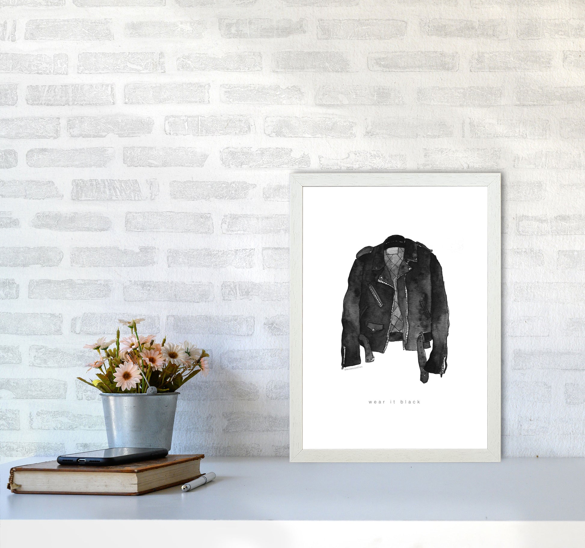 Wear It Black Leather Jacket Modern Fashion Print A3 Oak Frame