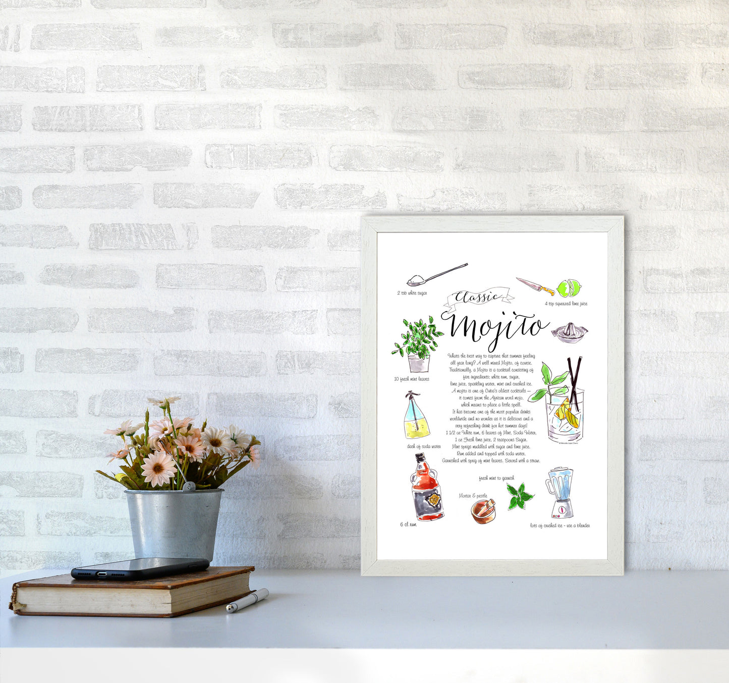 Mojito Cocktail Recipe, Kitchen Food & Drink Art Prints A3 Oak Frame