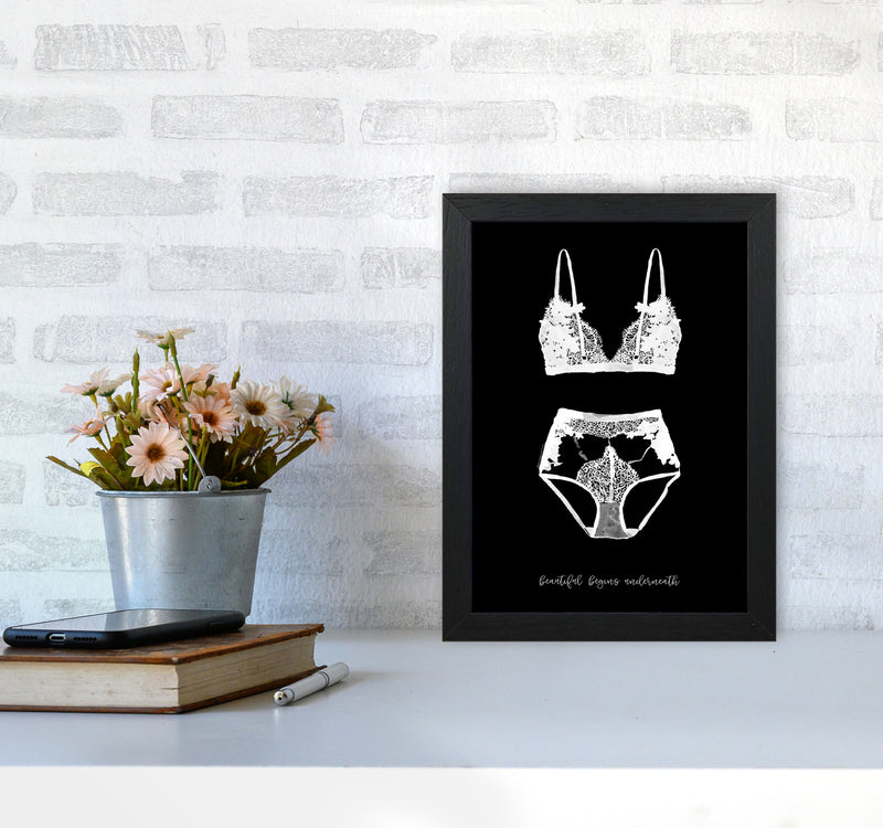 Beauty Begins Underneath Lingerie Black Modern Fashion Print A4 White Frame