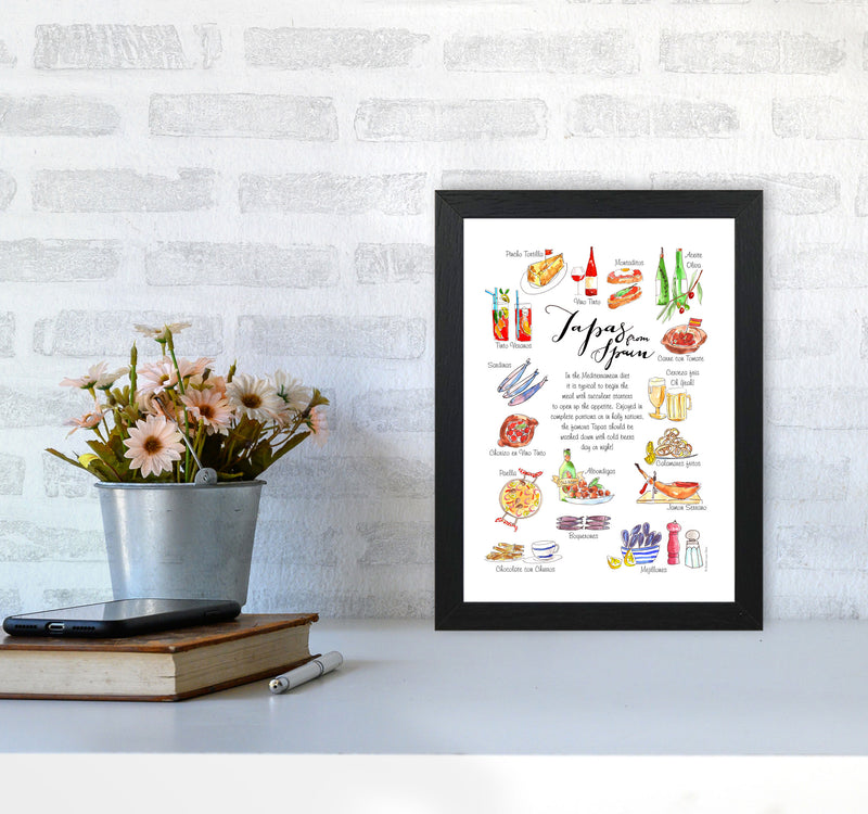 Spanish Tapas Ingredients, Kitchen Food & Drink Art Prints A4 White Frame