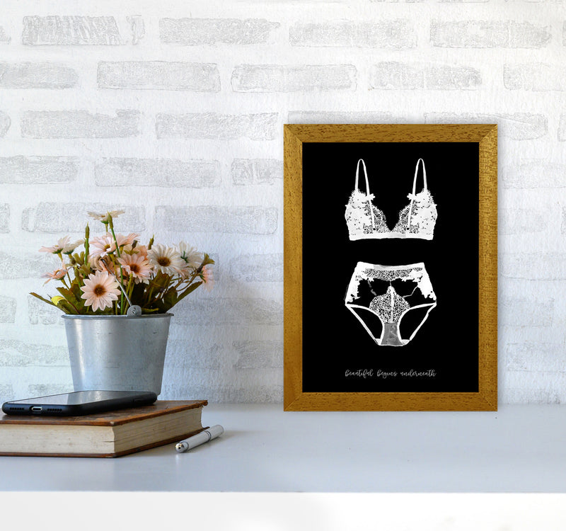 Beauty Begins Underneath Lingerie Black Modern Fashion Print A4 Print Only