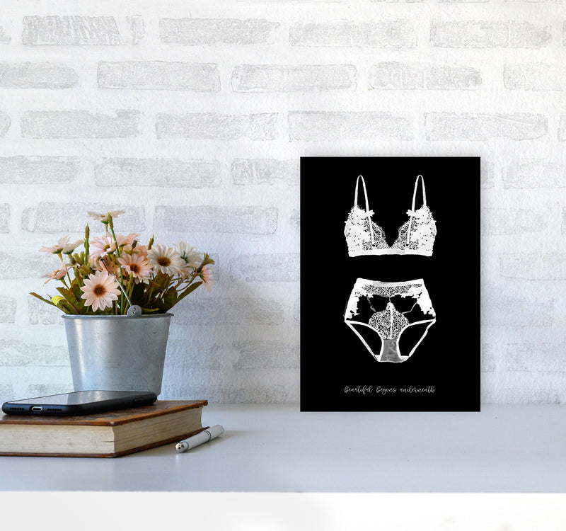 Beauty Begins Underneath Lingerie Black Modern Fashion Print A4 Black Frame