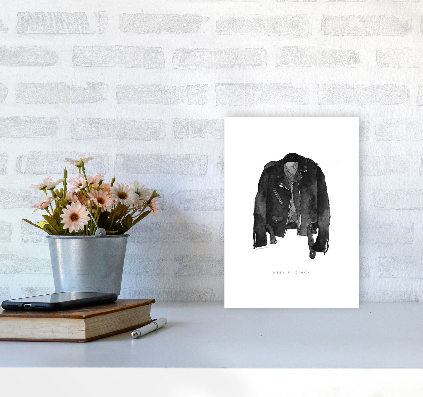 Wear It Black Leather Jacket Modern Fashion Print A4 Black Frame