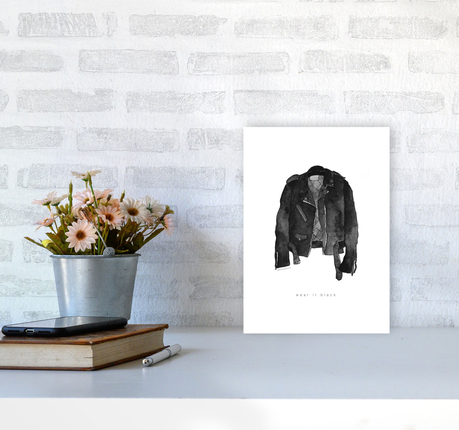 Wear It Black Leather Jacket Modern Fashion Print A4 Black Frame