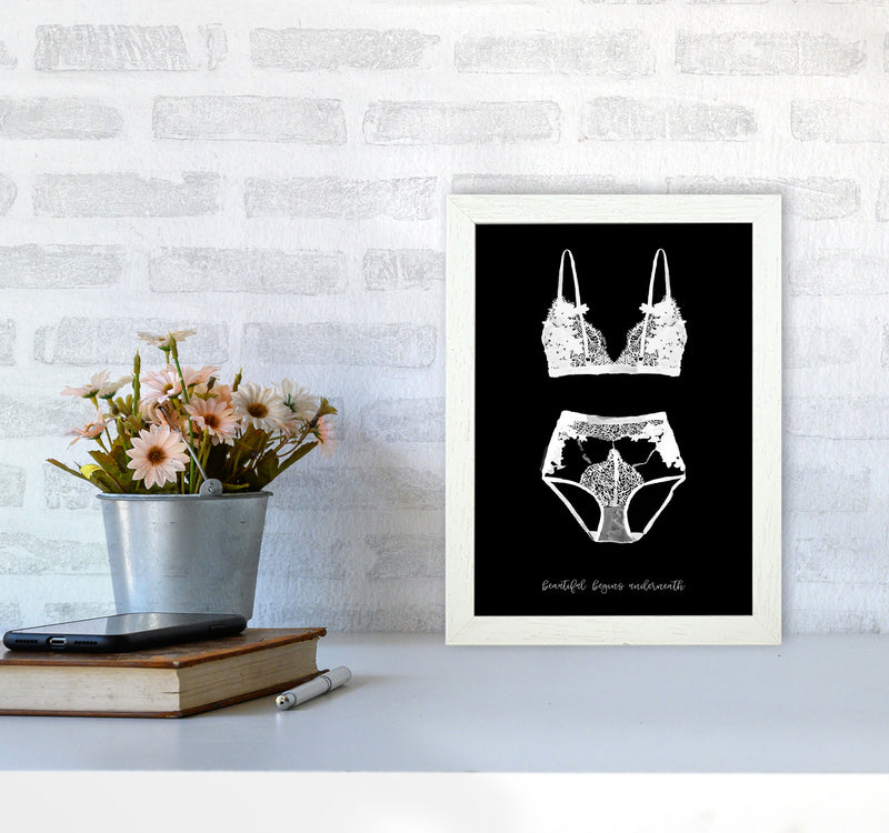 Beauty Begins Underneath Lingerie Black Modern Fashion Print A4 Oak Frame