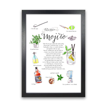 Mojito Cocktail Recipe, Kitchen Food & Drink Art Prints Black Grain