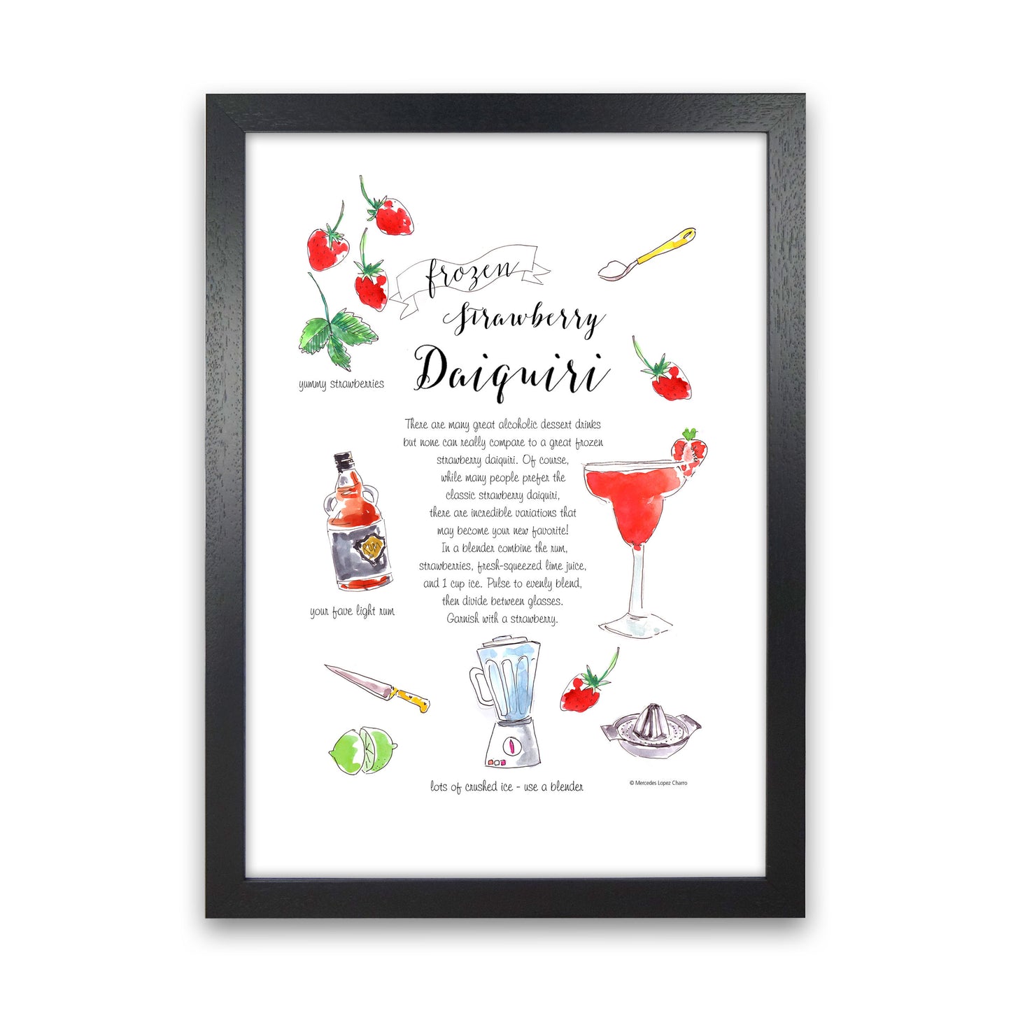 Strawberry Daiquiri Cocktail Recipe, Kitchen Food & Drink Art Prints Black Grain