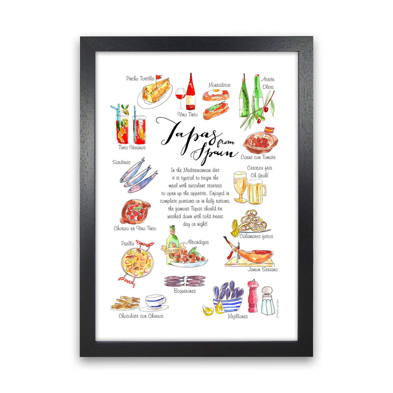 Spanish Tapas Ingredients, Kitchen Food & Drink Art Prints Black Grain