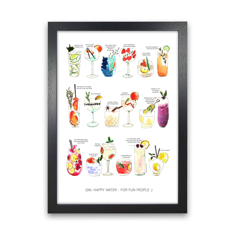 Gin: Happy Water - For Fun People, Kitchen Food & Drink Art Prints Black Grain