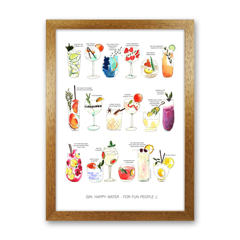 Gin: Happy Water - For Fun People, Kitchen Food & Drink Art Prints Oak Grain