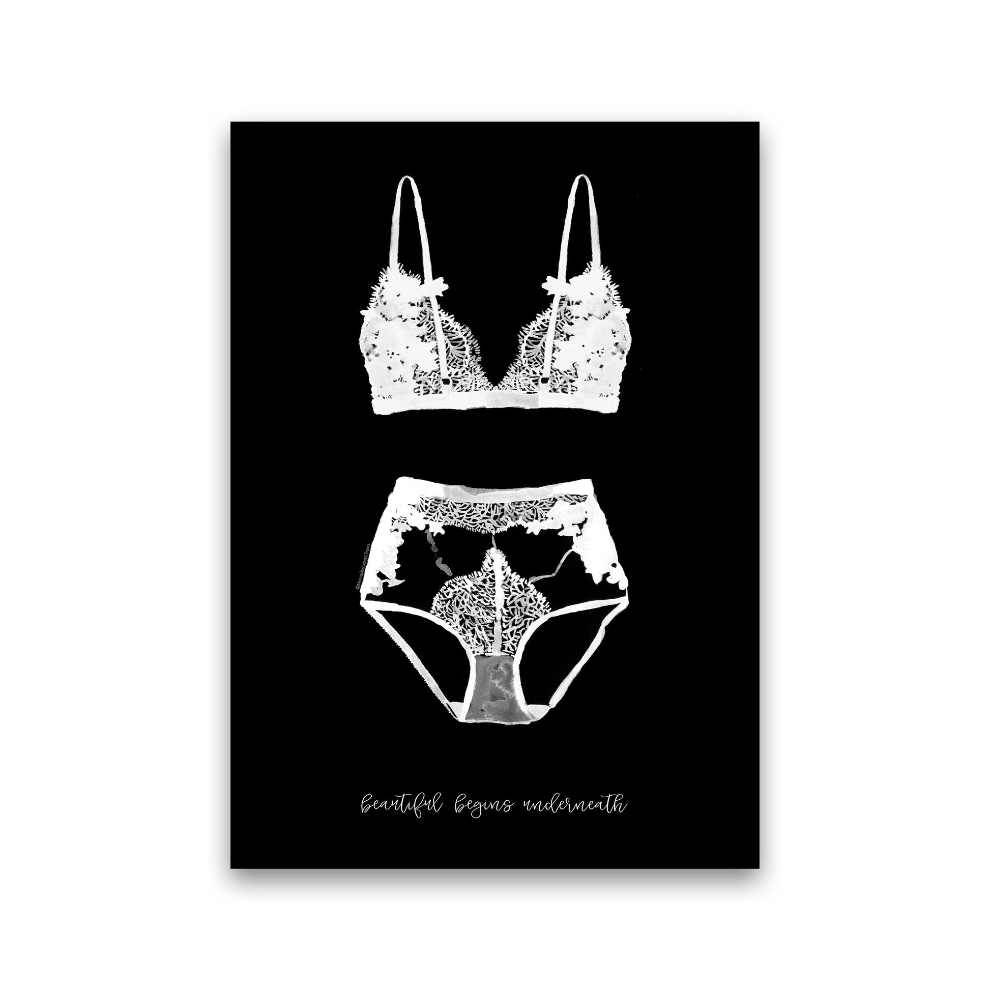 Beauty Begins Underneath Lingerie Black Modern Fashion Print Print Only