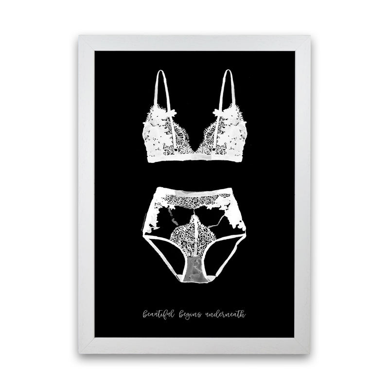 Beauty Begins Underneath Lingerie Black Modern Fashion Print White Grain