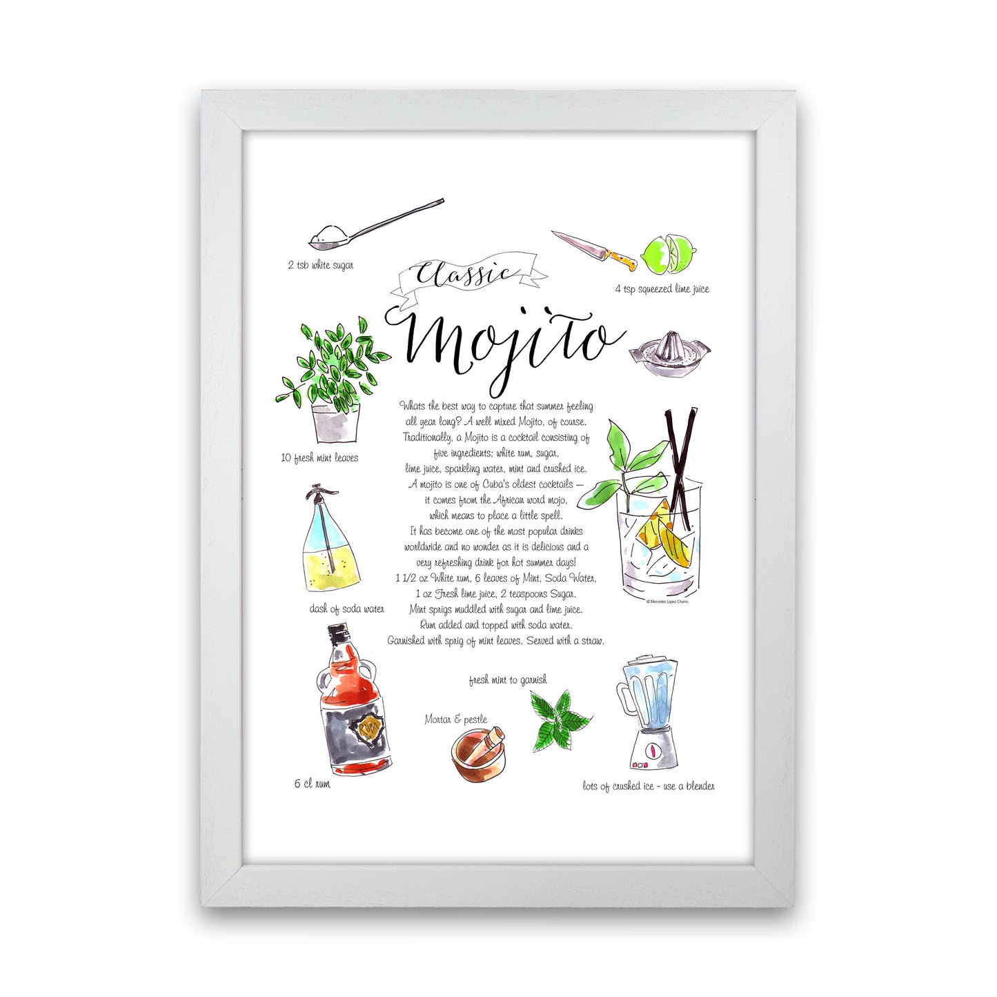 Mojito Cocktail Recipe, Kitchen Food & Drink Art Prints White Grain