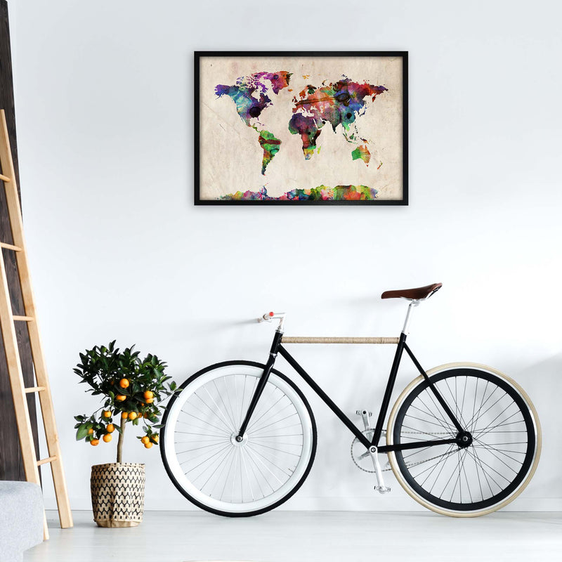 World Map Abstract Watercolour Art Print by Michael Tompsett A1 White Frame