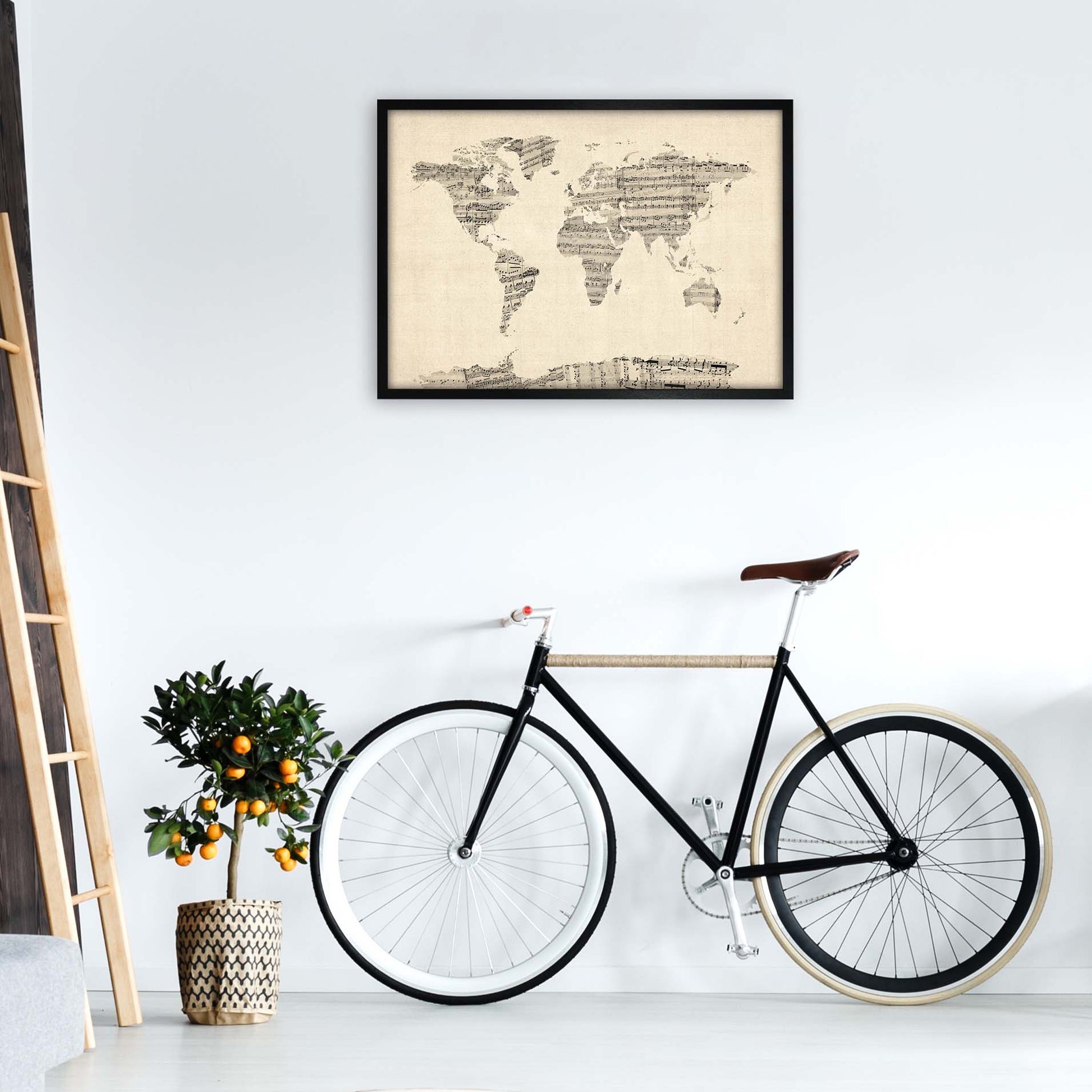 Sheet Music Map of the World Art Print by Michael Tompsett A1 White Frame