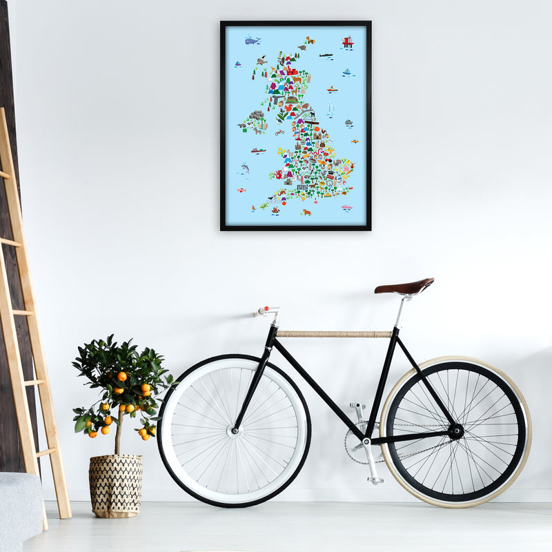 Animal Map of Great Britain Blue Print by Michael Tompsett A1 White Frame