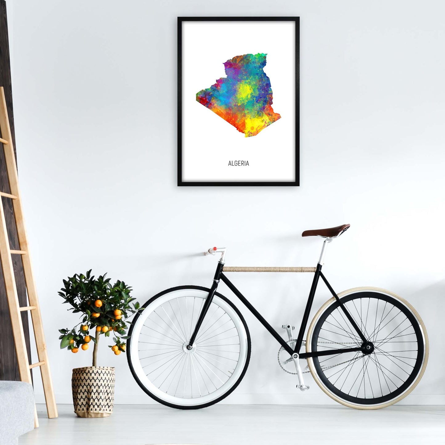 Algeria Watercolour Map Art Print by Michael Tompsett A1 White Frame
