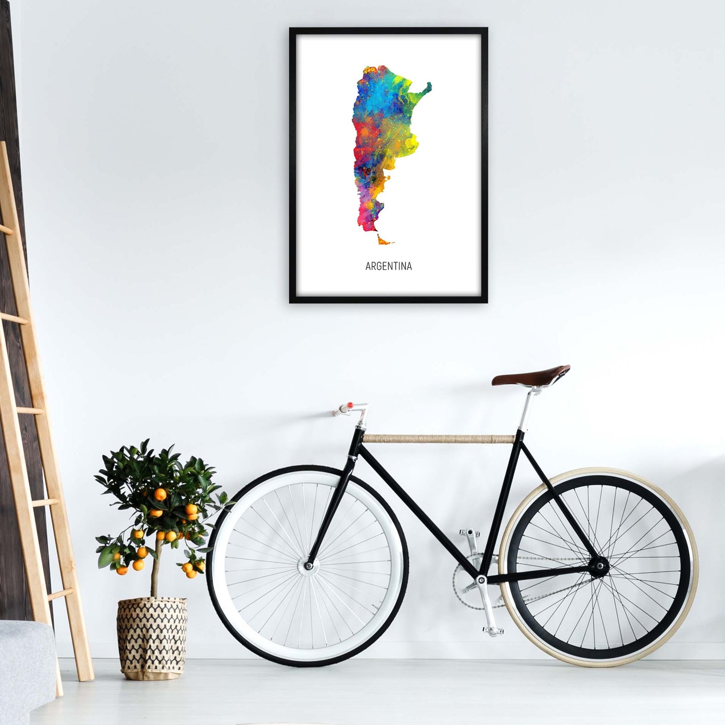 Argentina Watercolour Map Art Print by Michael Tompsett A1 White Frame