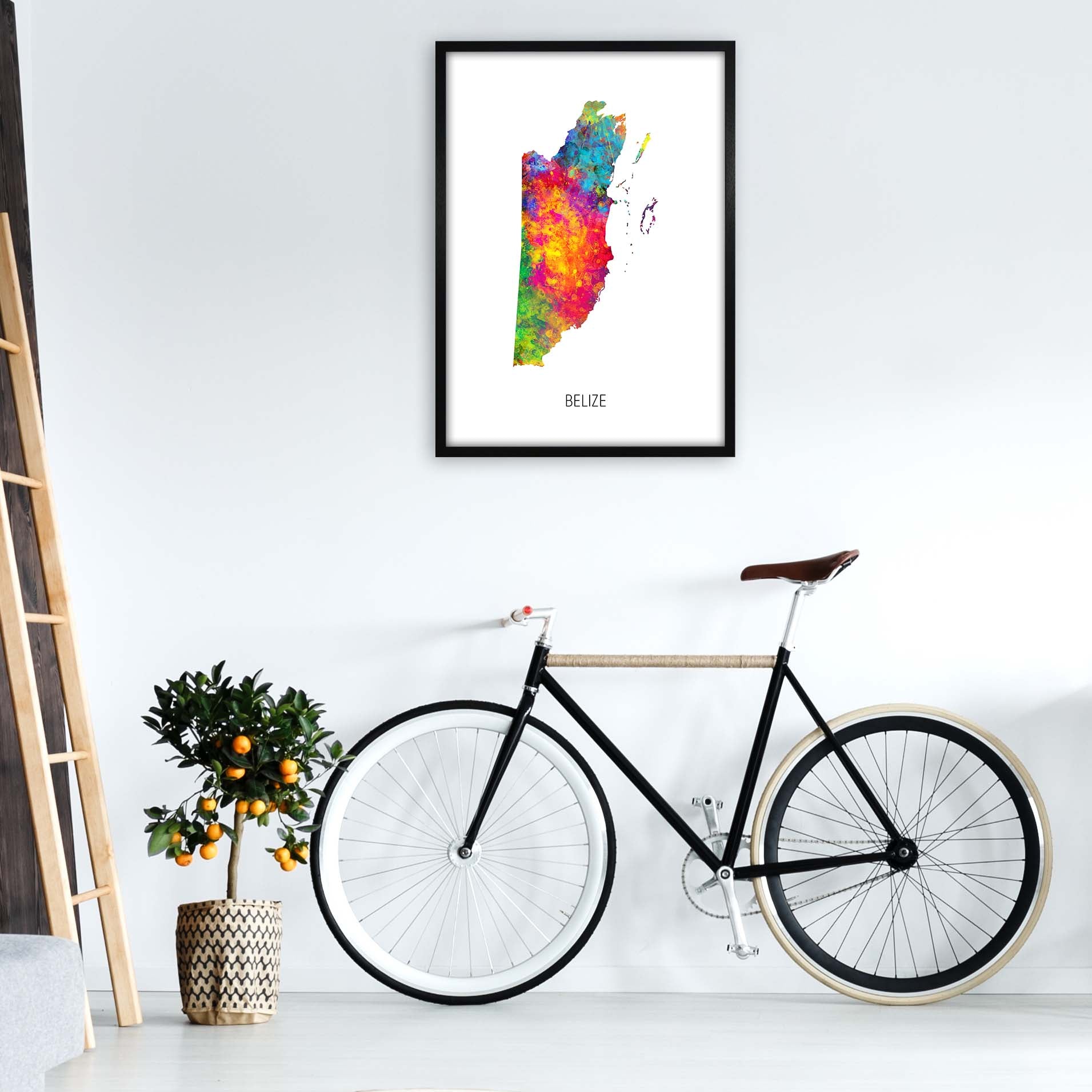 Belize Watercolour Map Art Print by Michael Tompsett A1 White Frame