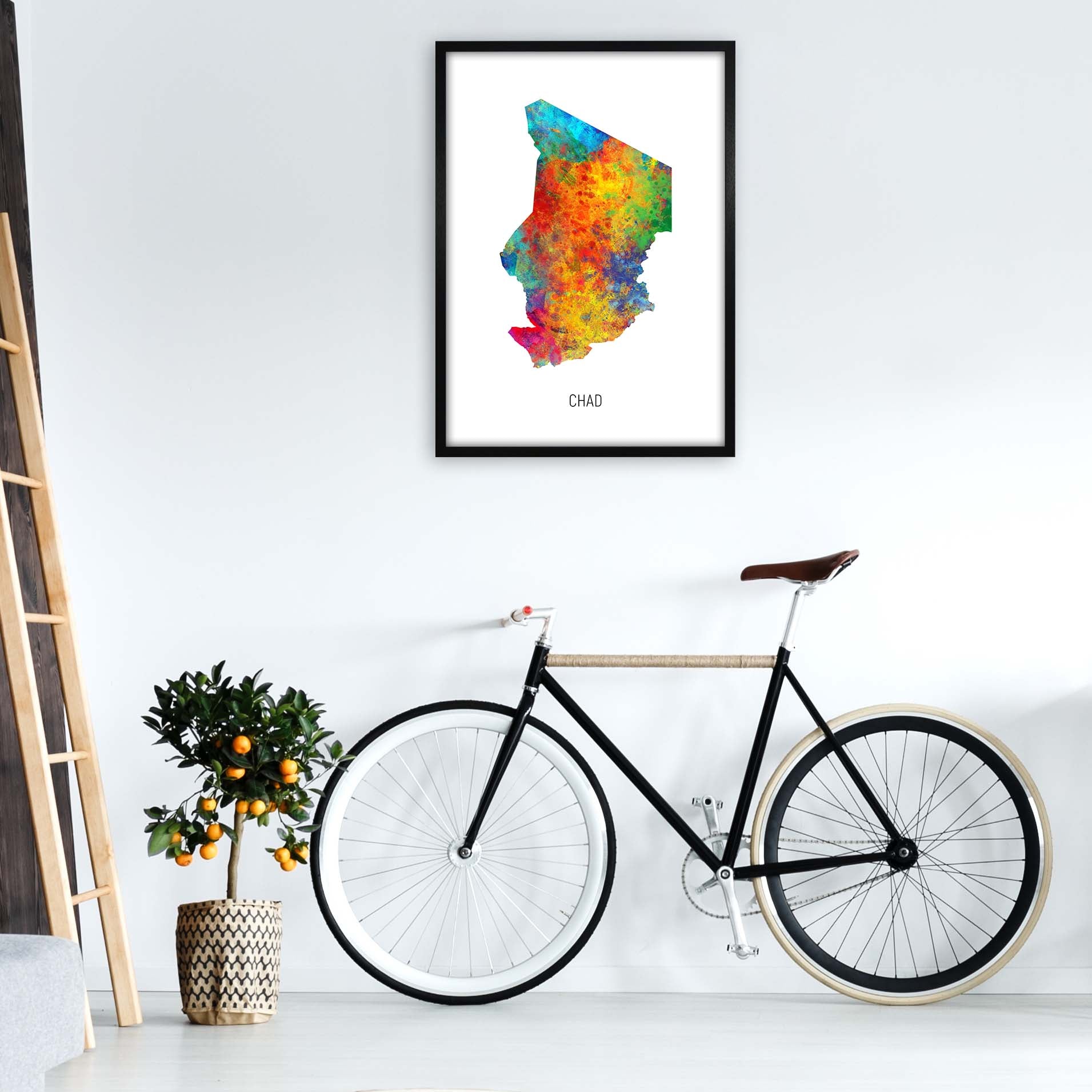 Chad Watercolour Map Art Print by Michael Tompsett A1 White Frame