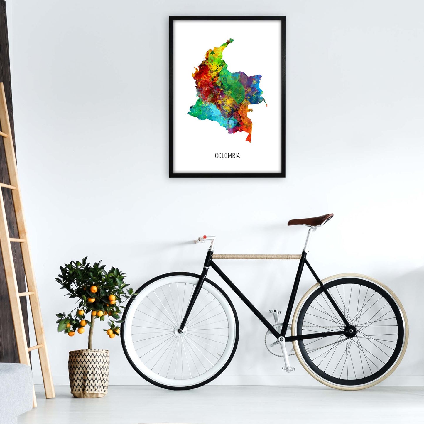 Colombia Watercolour Map Art Print by Michael Tompsett A1 White Frame