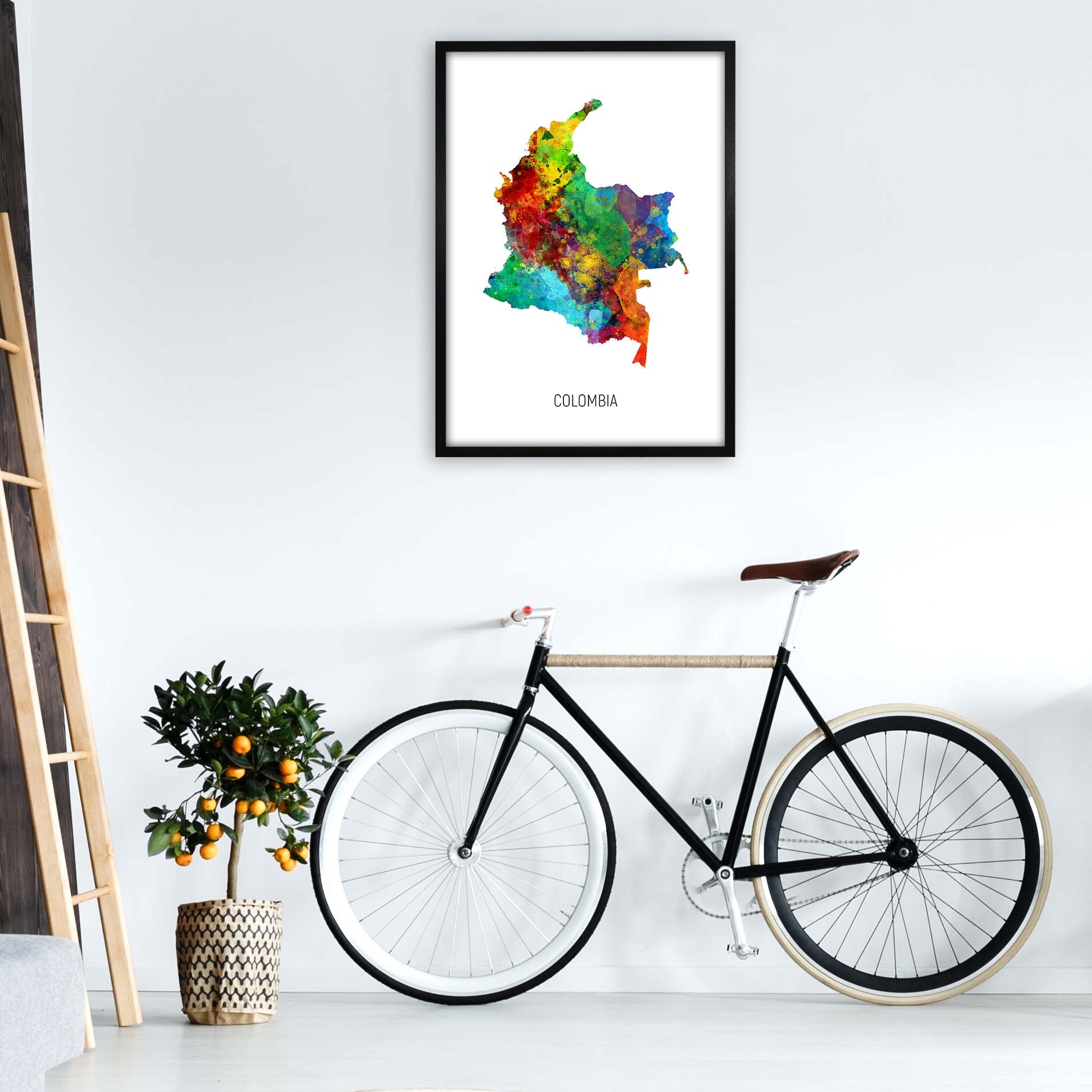 Colombia Watercolour Map Art Print by Michael Tompsett A1 White Frame
