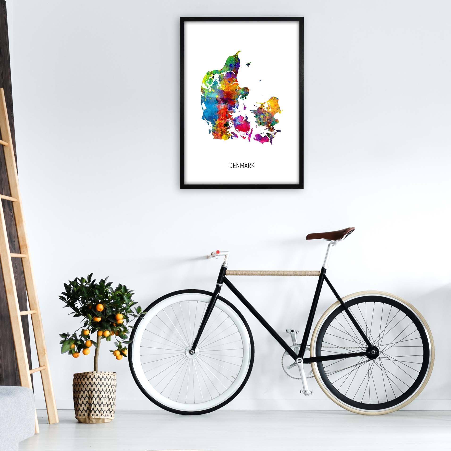 Denmark Watercolour Map Art Print by Michael Tompsett A1 White Frame