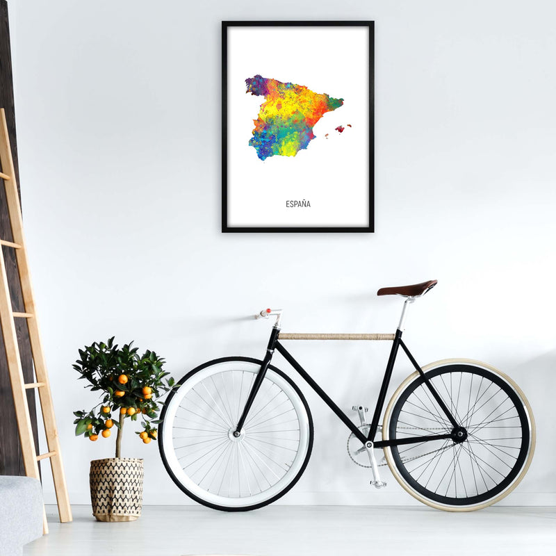 Espana Watercolour Map Art Print by Michael Tompsett A1 White Frame