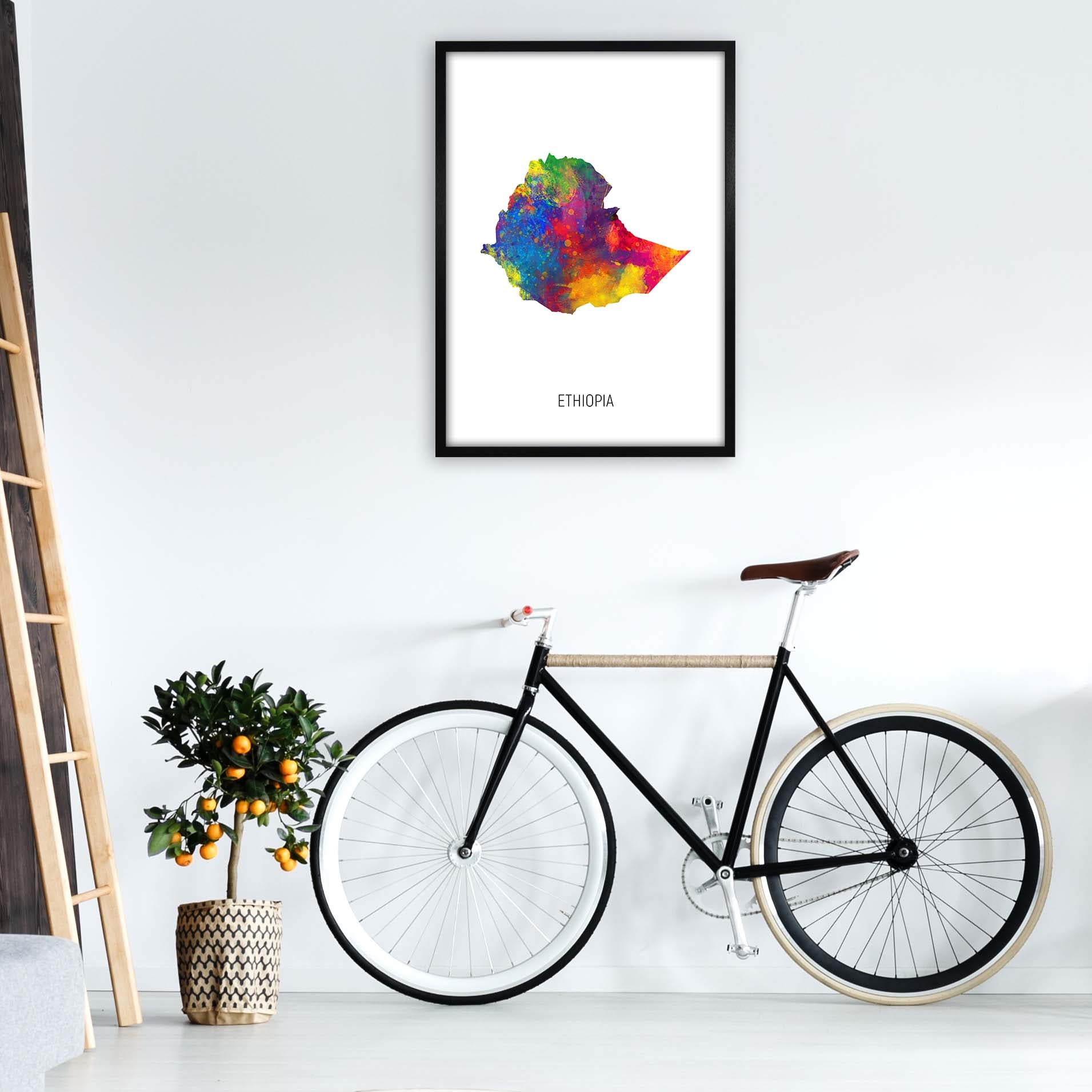 Ethiopia Watercolour Map Art Print by Michael Tompsett A1 White Frame