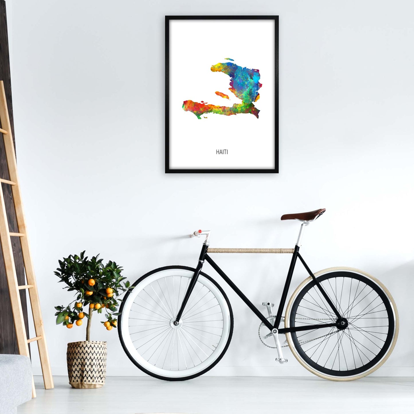 Haiti Watercolour Map Art Print by Michael Tompsett A1 White Frame
