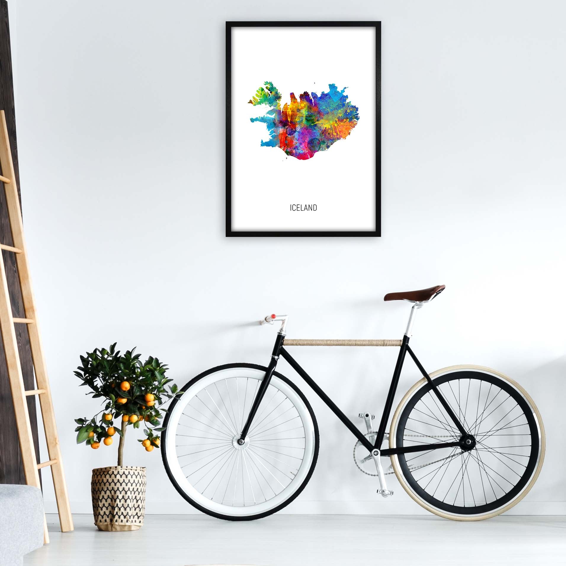 Iceland Watercolour Map Art Print by Michael Tompsett A1 White Frame