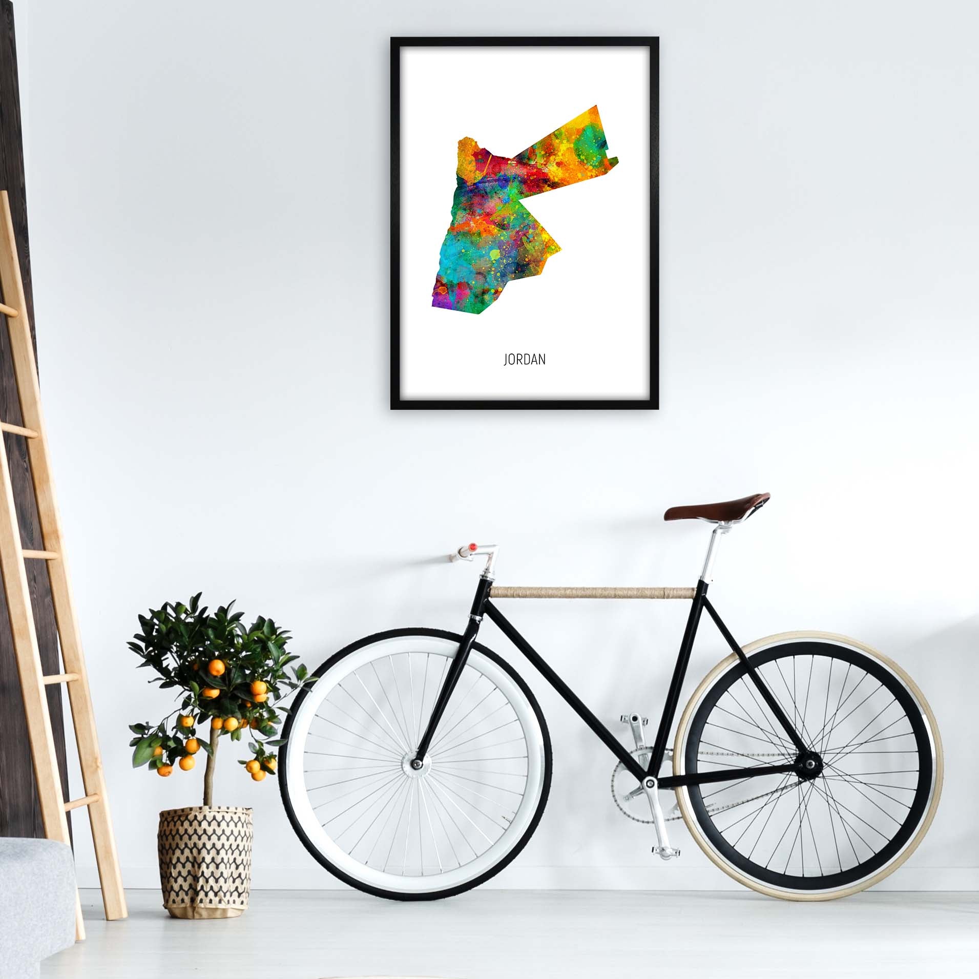 Jordan Watercolour Map Art Print by Michael Tompsett A1 White Frame