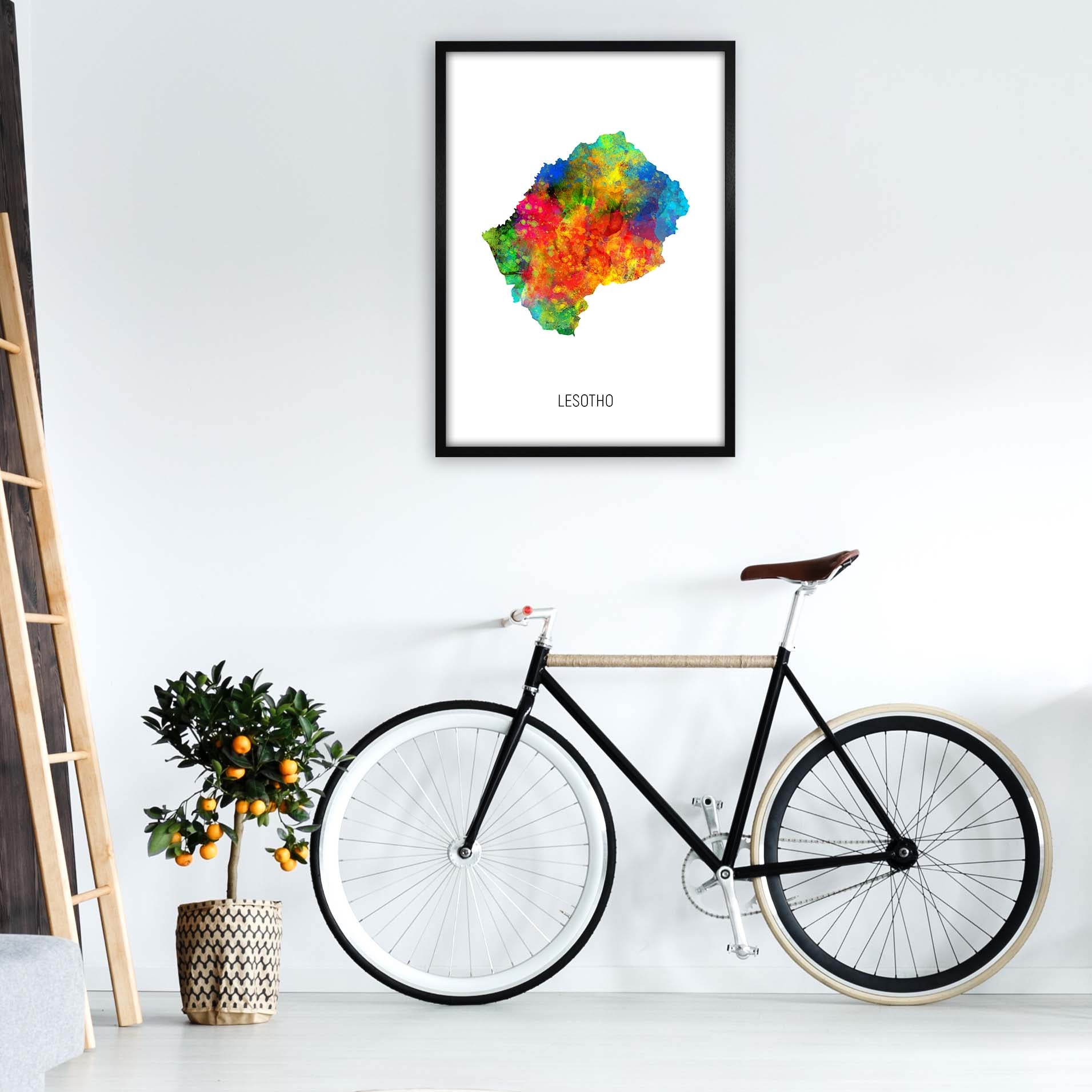 Lesotho Watercolour Map Art Print by Michael Tompsett A1 White Frame