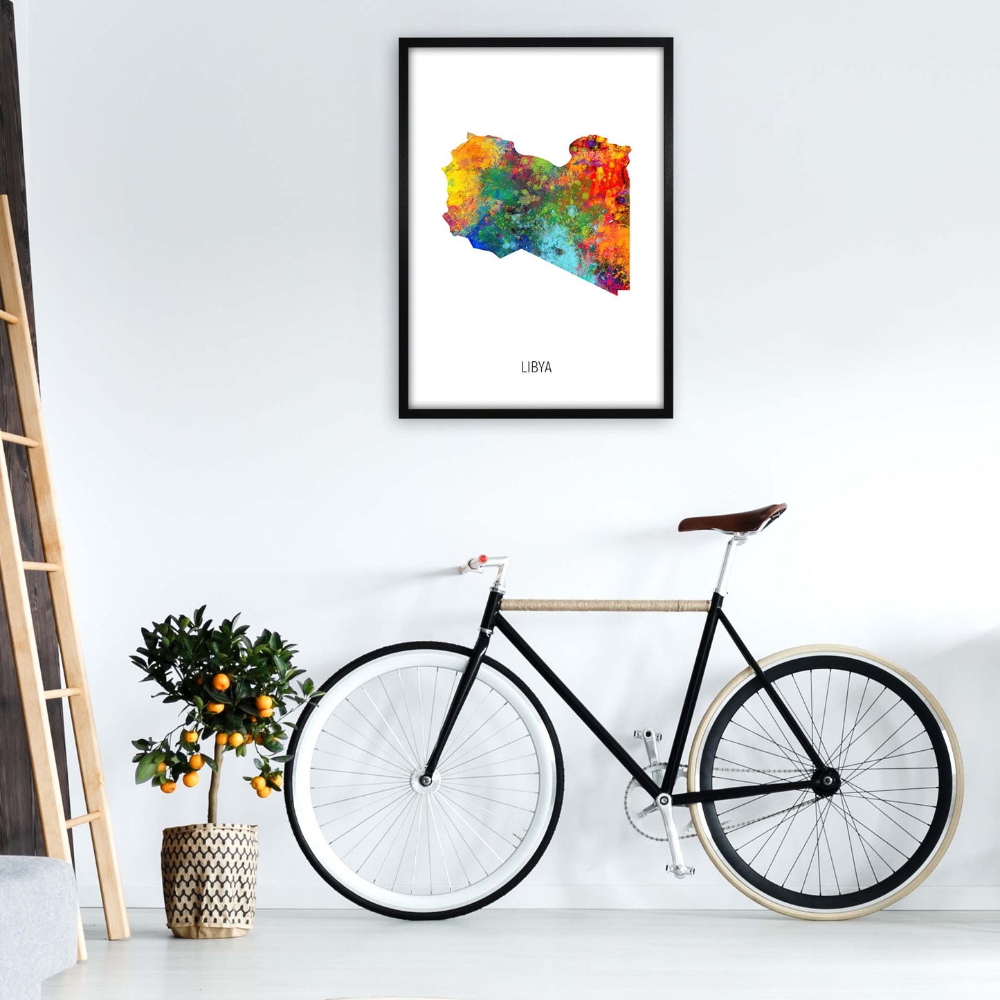 Libya Watercolour Map Art Print by Michael Tompsett A1 White Frame