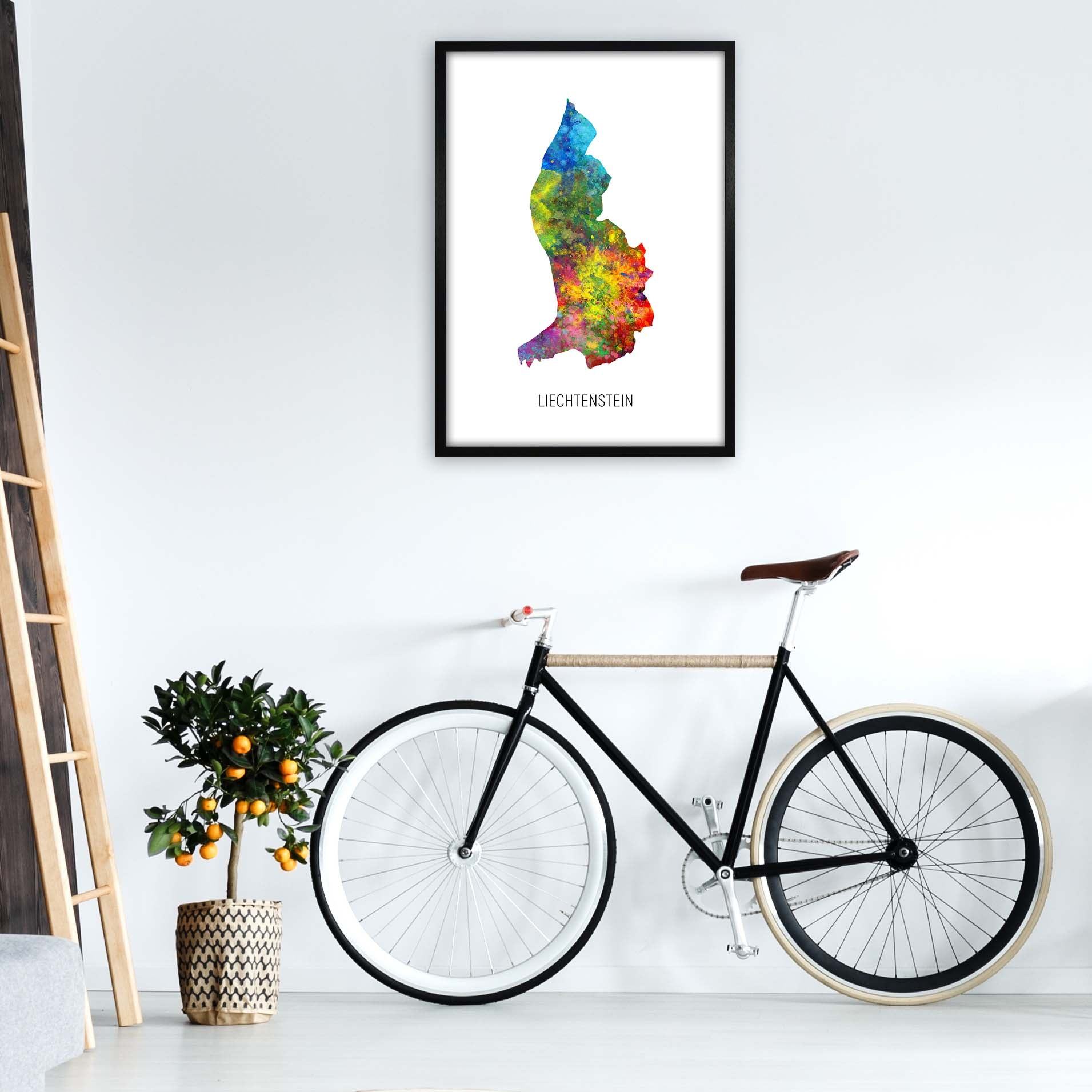 Liechtenstein Watercolour Map Art Print by Michael Tompsett A1 White Frame