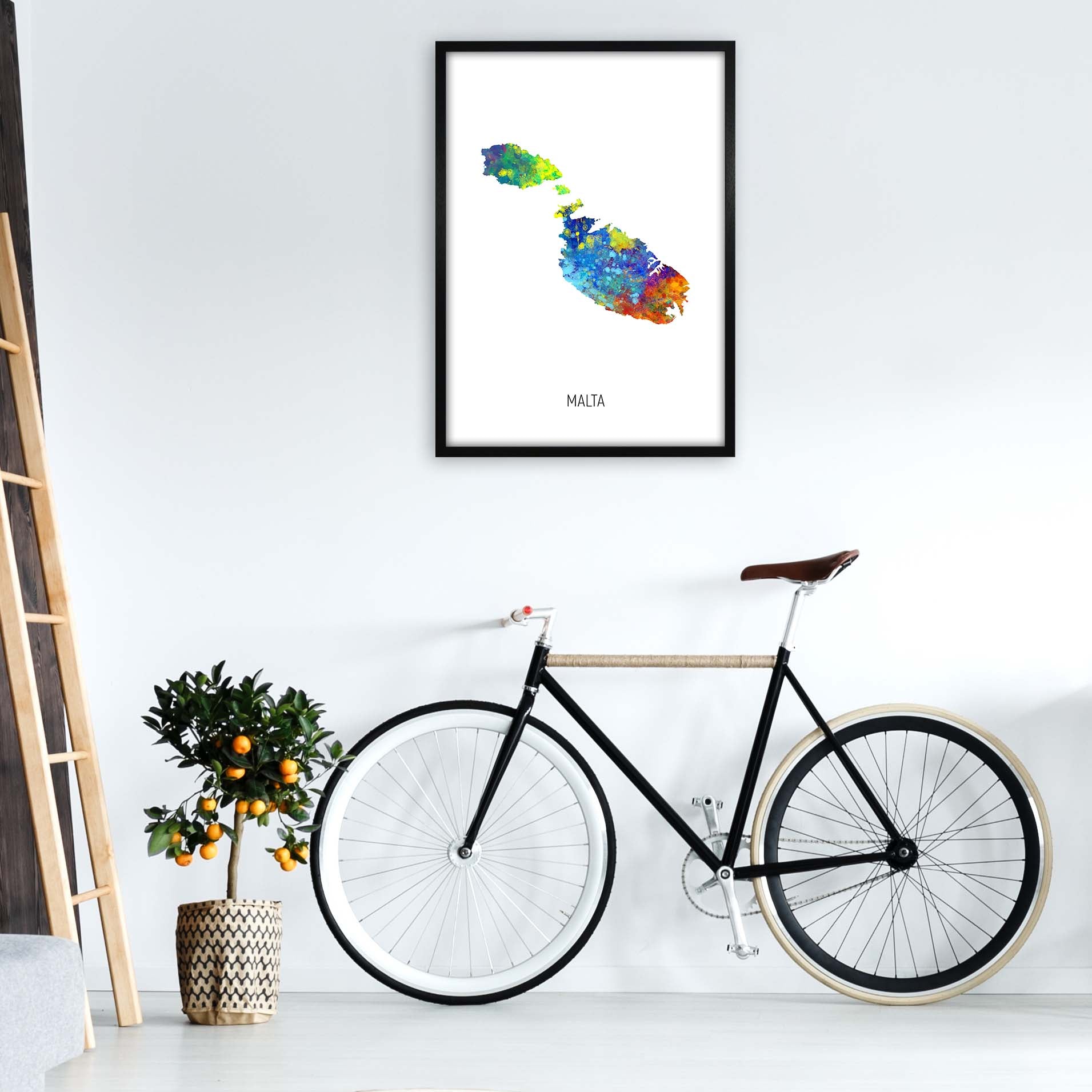 Malta Watercolour Map Art Print by Michael Tompsett A1 White Frame