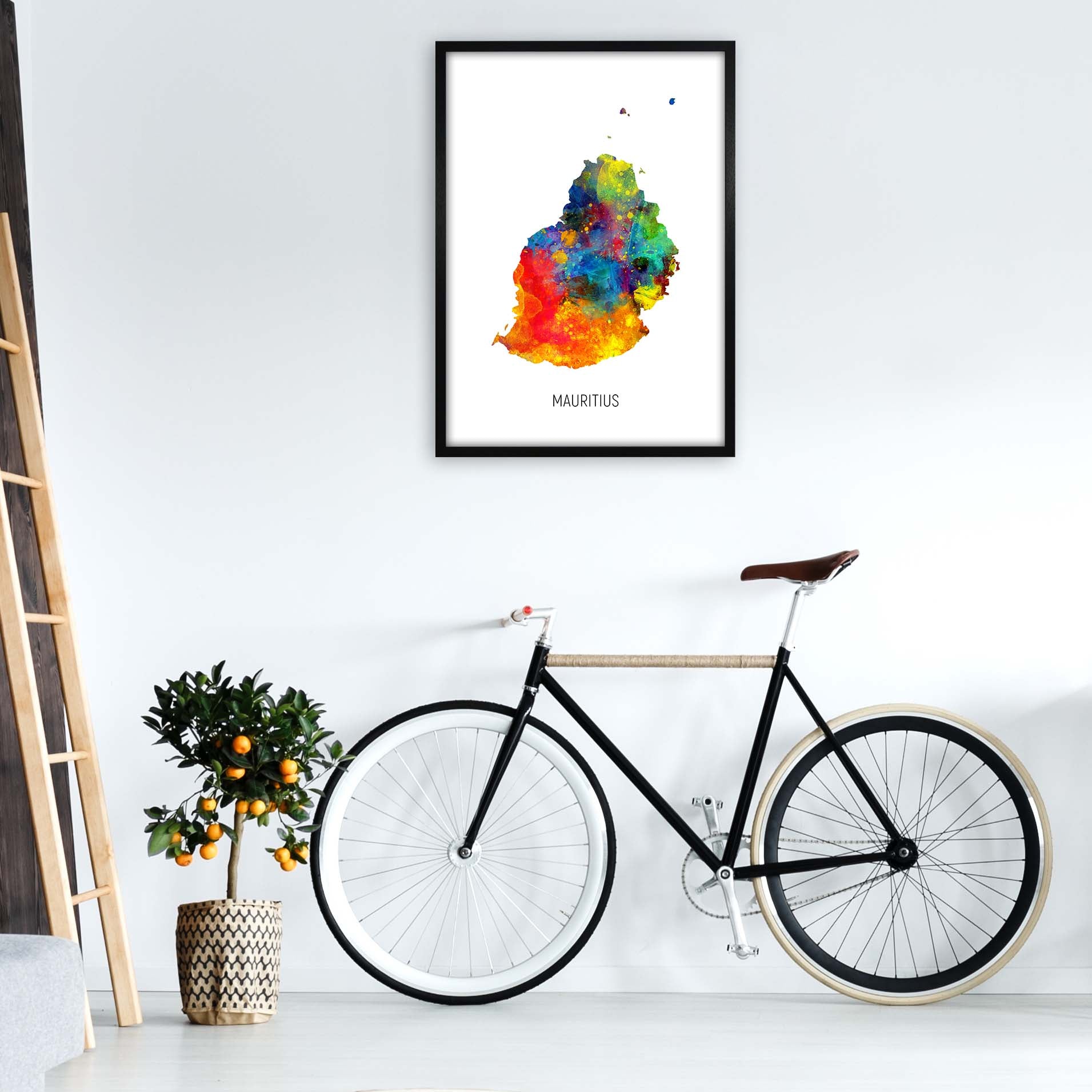 Mauritius Watercolour Map Art Print by Michael Tompsett A1 White Frame
