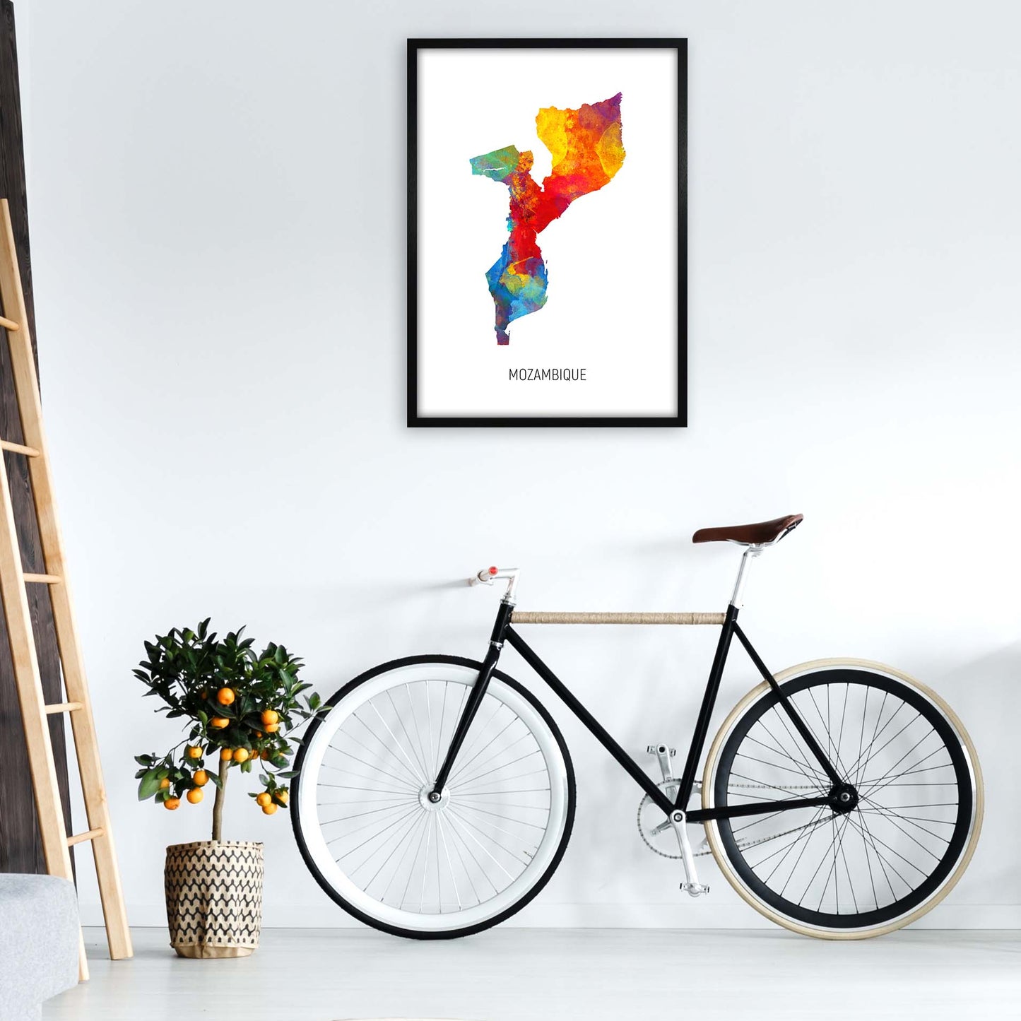 Mozambique Watercolour Map Art Print by Michael Tompsett A1 White Frame