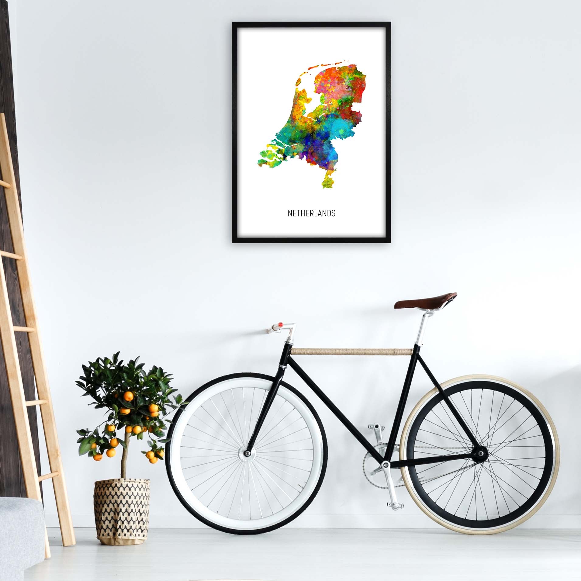 Netherlands Watercolour Map Art Print by Michael Tompsett A1 White Frame