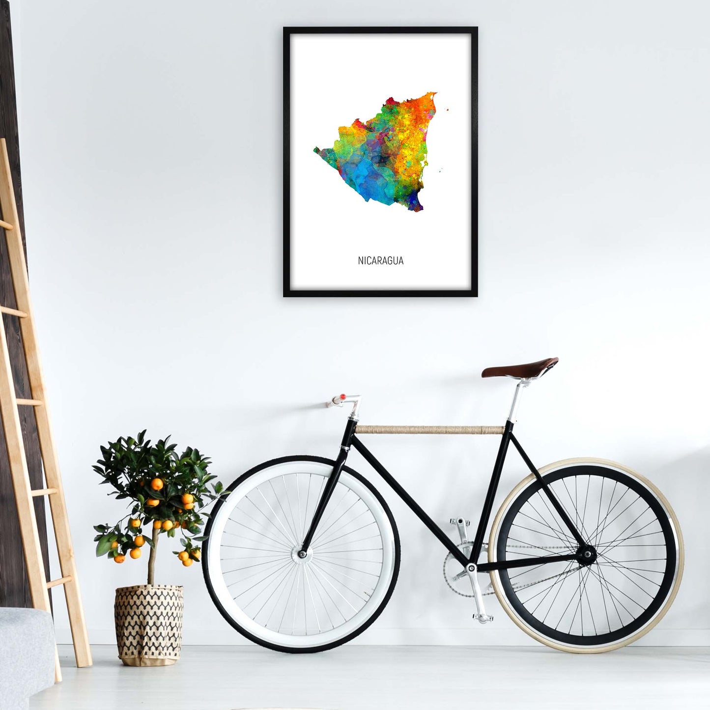 Nicaragua Watercolour Map Art Print by Michael Tompsett A1 White Frame