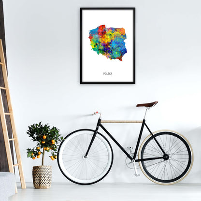 Polska Watercolour Map Art Print by Michael Tompsett A1 White Frame