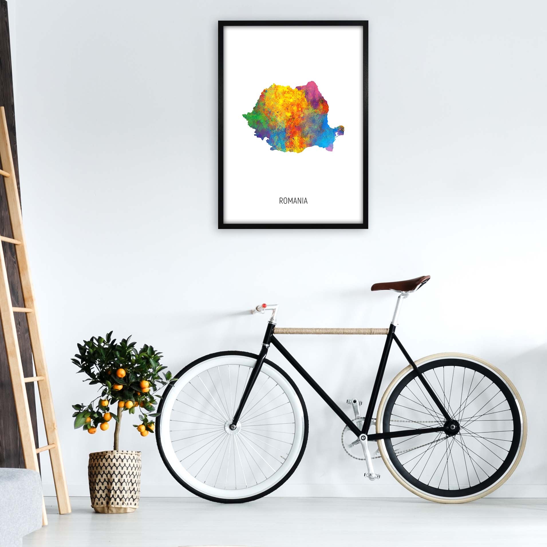 Romania Watercolour Map Art Print by Michael Tompsett A1 White Frame