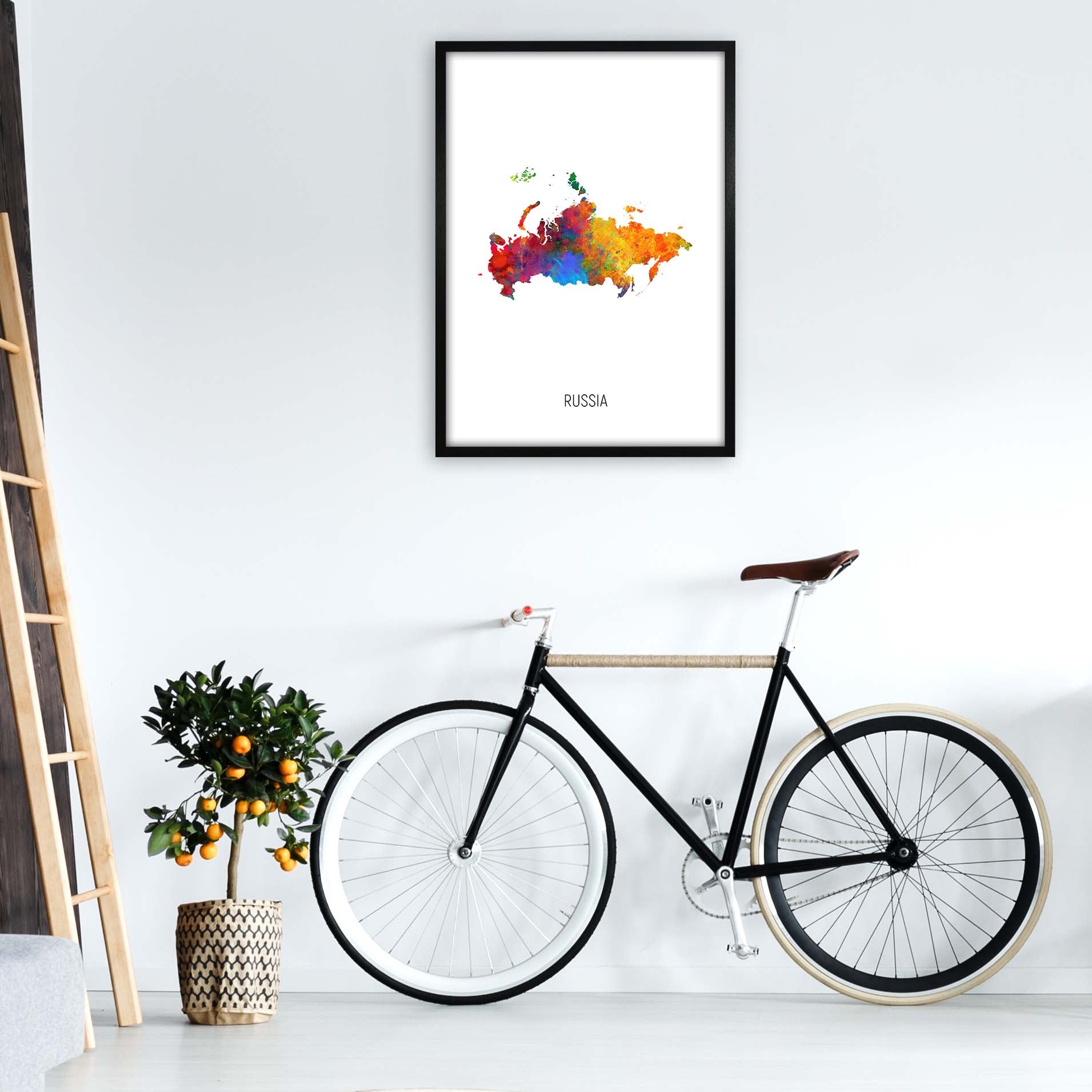 Russia Watercolour Map Art Print by Michael Tompsett A1 White Frame